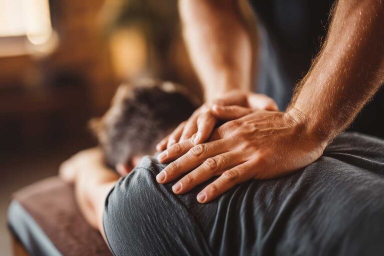 A person sits on an examination table while a chiropractor gently checks their neck and upper back.